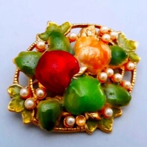 Vintage Enamel Fruit Basket Mini Faux Pearl Pin Multicolor Enamel Gold Tone